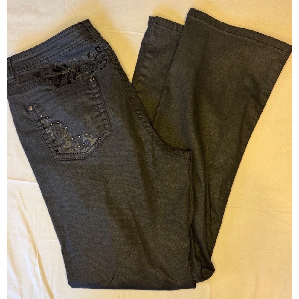 Reba Black Coated Embroidered Rhinestone Bootcut Jeans Womens Size 12 - Picture 9 of 9